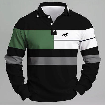 Men's Striped Printed Unicorn Logo Polo Shirt - Long Sleeve Casual T-shirt Comfortable Regular Fit for Daily Wear or Golf
