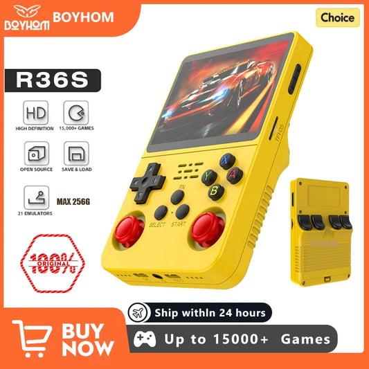 Yellow handheld gaming console with screen displaying a racing game, surrounded by branding and promotional text.