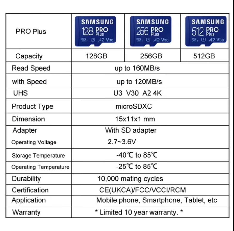 Samsung PRO Plus microSD Card 512G 256GB 128GB High-Speed TF Card for 4K UHD video