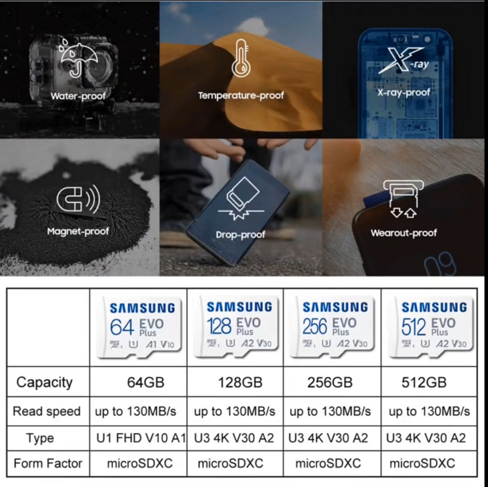 Samsung EVO Plus microSD Card 512G 256GB 128GB 64GB High-Speed TF Card for 4K UHD video