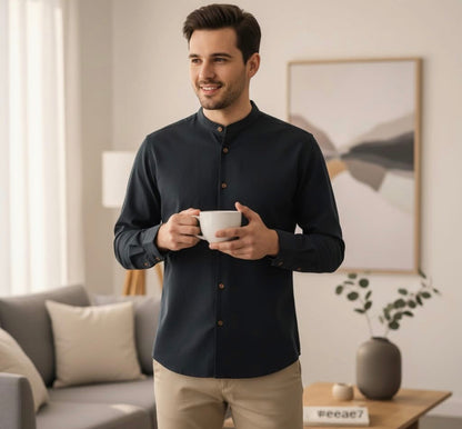 Japan Style Mens Linen Cotton Shirt Harajuku Stand Collar Long Sleeve Slim Fit Solid Color Male Casual Breathable Classical Tops