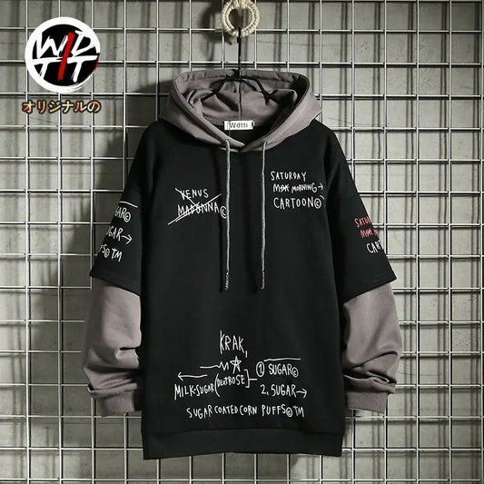 Men's Sweater Retro Mock Two-Piece Hooded Korean Hip Hop Print Sweatshirt Loose Hoodie Male Fleece Padded Jacket