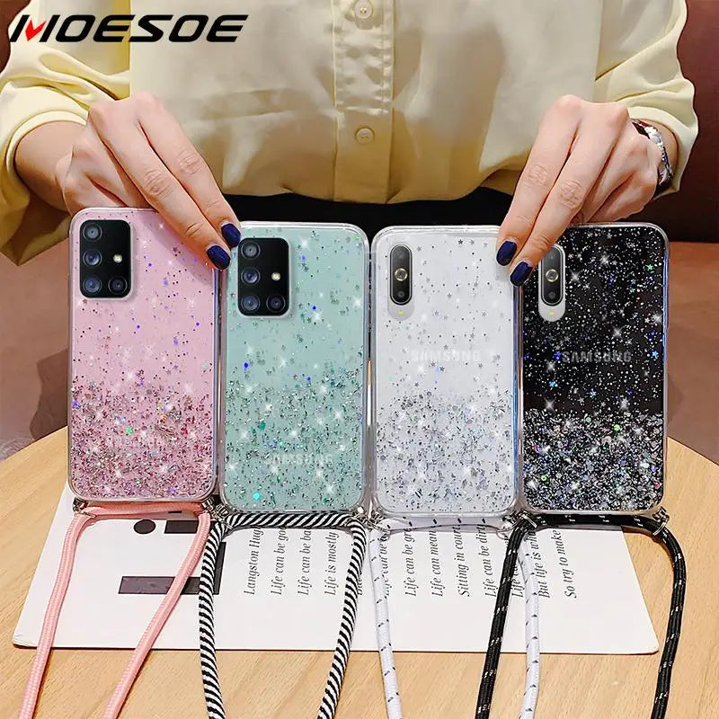 Correa para el cuello, funda con cordón y purpurina para Samsung Galaxy A51 S23 S20 FE S21 S24 Ultra S23 Plus S22 A14 A52 A53 A54 5G