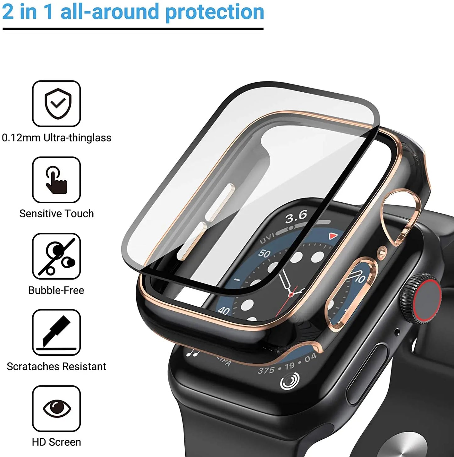 Cover For Apple watch Case 45mm 41mm 44mm 40mm 42mm 38mm PC Tempered Glass Screen Protector iWatch series 9 7 8 5 6 4 3 SE band