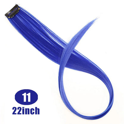 LUPU 22 Inch Synthetic Colored Highlight Hair Extensions Rainbow Long Straight Hairpieces for Women Kids Girls Purple Pink Blue