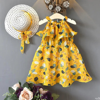Girls Dress + Hat Chiffon Comfortable Children's Dress 2024 Summer Dress Floral Girls' Sleeveless Dress For Children 2PCS/Set