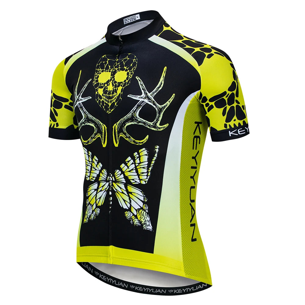 KEYIYUAN New Skull Series Men Bike Jersey Short Sleeve MTB Cycling Shirt Road Mountain Bicycle Clothing Tops Wielerkleding Heren