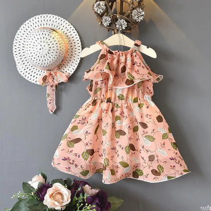 Girls Dress + Hat Chiffon Comfortable Children's Dress 2024 Summer Dress Floral Girls' Sleeveless Dress For Children 2PCS/Set