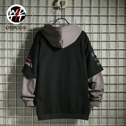 Men's Sweater Retro Mock Two-Piece Hooded Korean Hip Hop Print Sweatshirt Loose Hoodie Male Fleece Padded Jacket