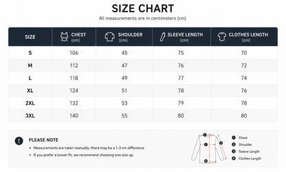 A size chart table for clothing measurements in centimeters, showing sizes S through 3XL with chest, shoulder, sleeve length, and clothes length values. A small line drawing of a garment with measurement markers appears in the lower right, and a note explains that measurements are taken manually with a 1-3 cm difference.
