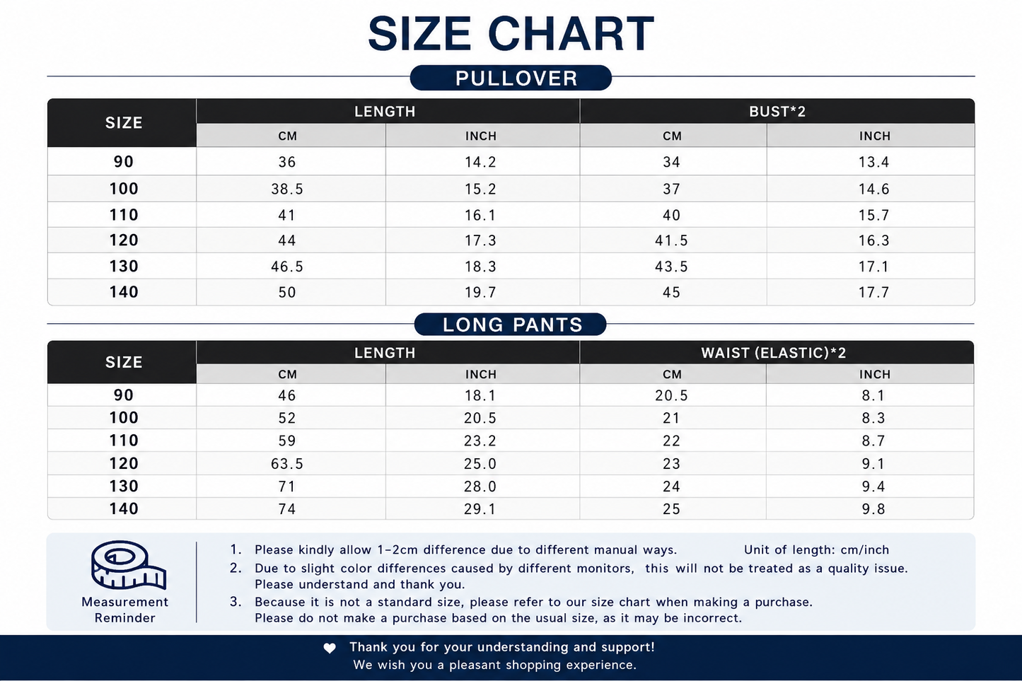 A size chart table for pullover long pants, showing size numbers 90 to 140 with measurements in centimeters and inches for length and bust. A second table below shows measurements for long pants with elastic waist.