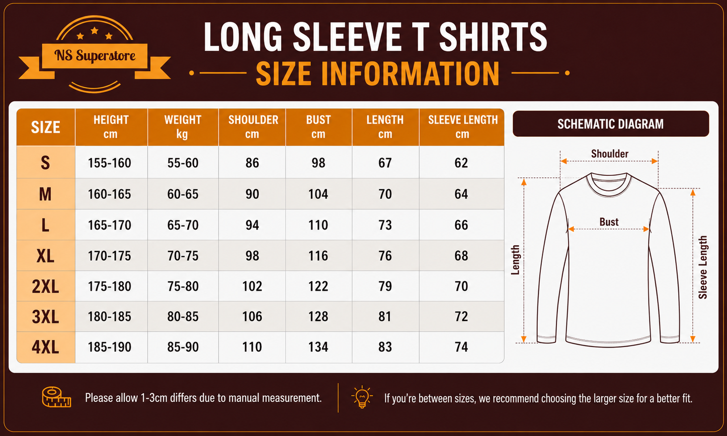 Size information chart for long sleeve T-shirts from NS Superstore, showing a size table from S to 4XL with height, weight, shoulder, bust, length, and sleeve length measurements, plus a schematic diagram of a long-sleeve shirt with labeled measurements.