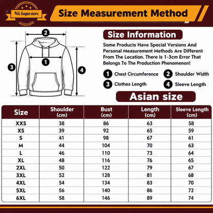 A size measurement chart for a hoodie from NS Supermarket, showing a line-drawn front view with labeled chest circumference, shoulder width, clothes length, and sleeve length, plus a table of Asian size measurements from XXS to 6XL.