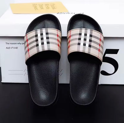 Men’s khaki slide sandals with plaid strap, product photo (IMG_3018)