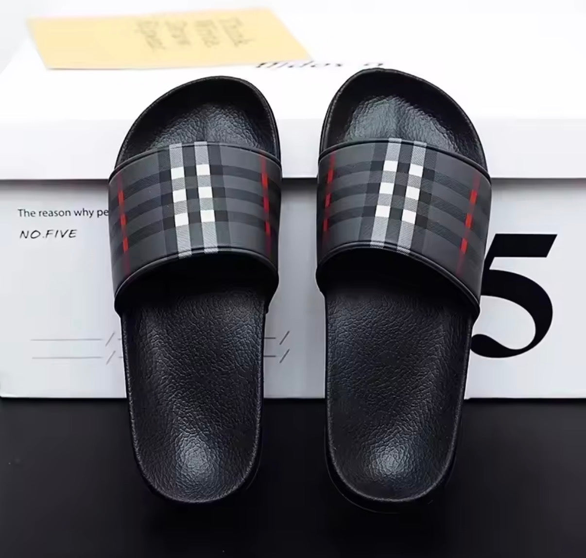Men’s black slide sandals with plaid strap, product photo (IMG_3019)