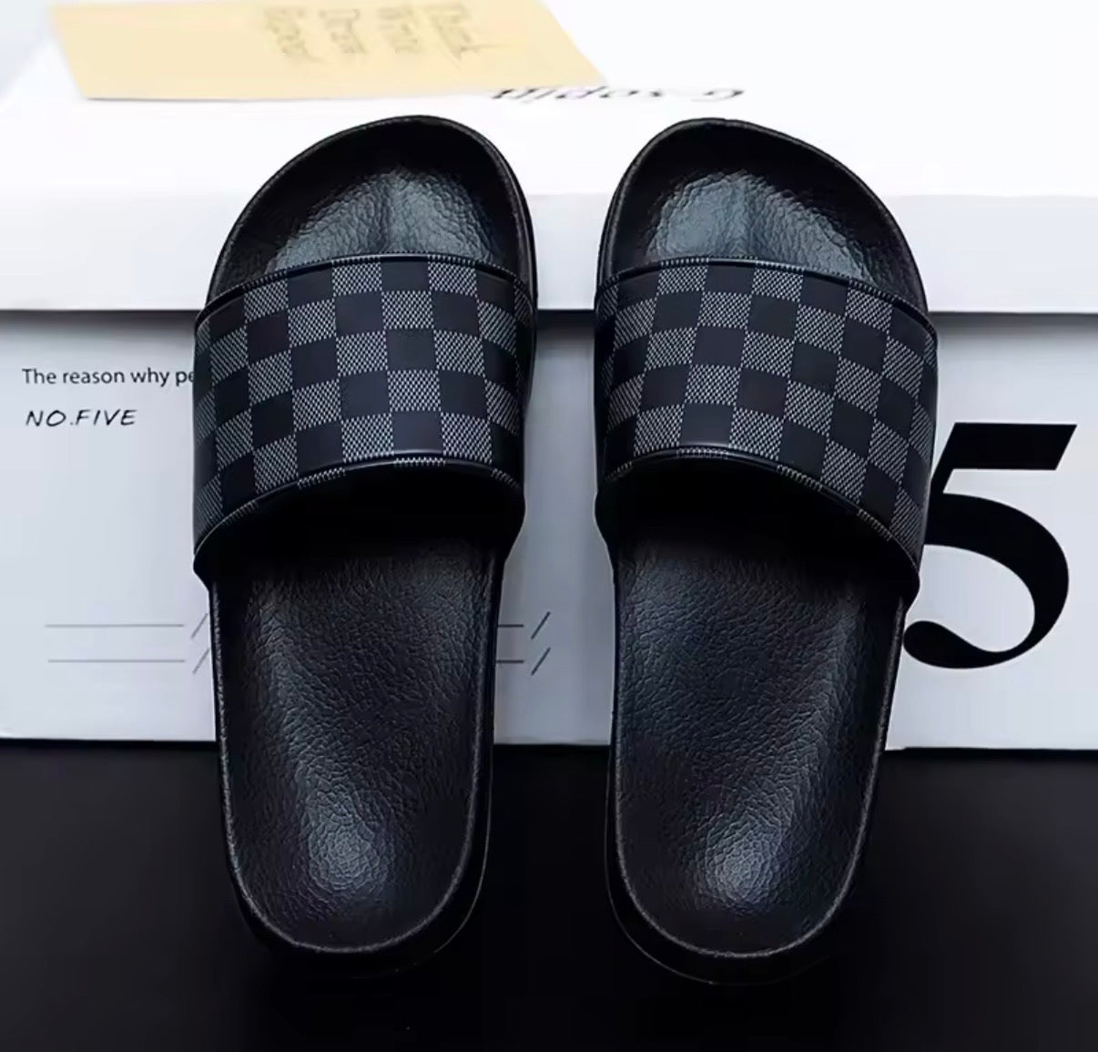 Men’s black slide sandals with checkered strap, product photo (IMG_3020)