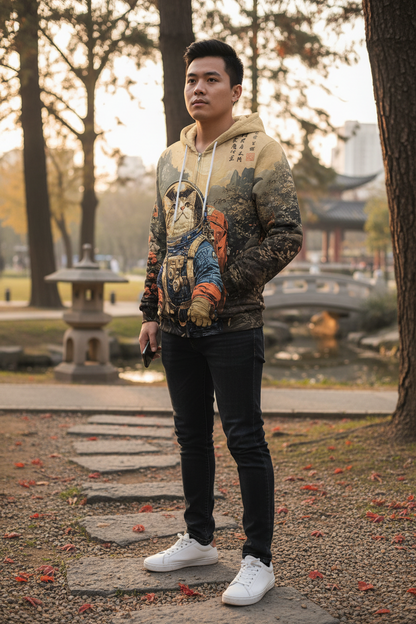 A man standing outdoors in a park wearing a graphic hoodie with a detailed print of a samurai warrior, black pants, and white sneakers.