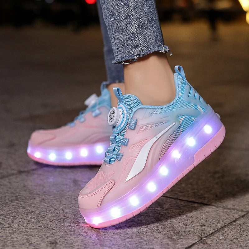 Children's outdoor two-wheel walking shoes primary school invisible flashing light rotary buckle children's leisure roller shoes