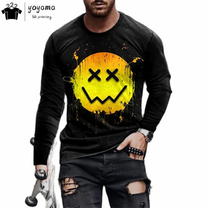 Men’s Casual Long Sleeve O-Neck T-shirt with Funny Pattern Print - Harajuku Street Fashion Top