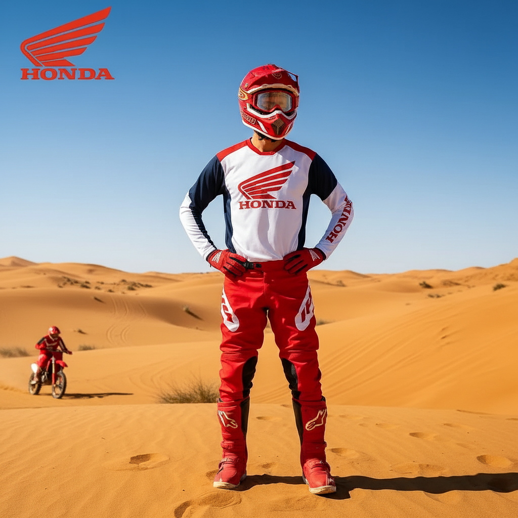 A motocross rider stands in a desert sand dune wearing a red, white, and navy Honda racing jersey and matching pants, with a red motorcycle visible in the background under a clear blue sky. A Honda logo is shown in the top left corner.