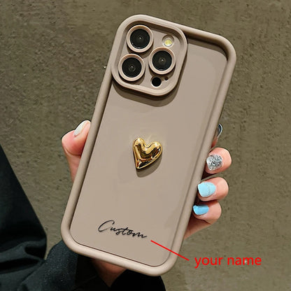 3D Gold Love Heart Personalized Custom Name Case For iPhone 16 15 14 13 12 11 Pro Max X XS XR 7 8 Plus Silicone Candy DIY Cover
