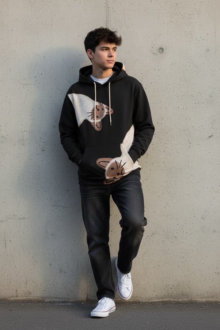 A man wearing a black and white color-blocked hoodie with a cat face graphic, dark jeans, and white sneakers, leaning against a concrete wall.