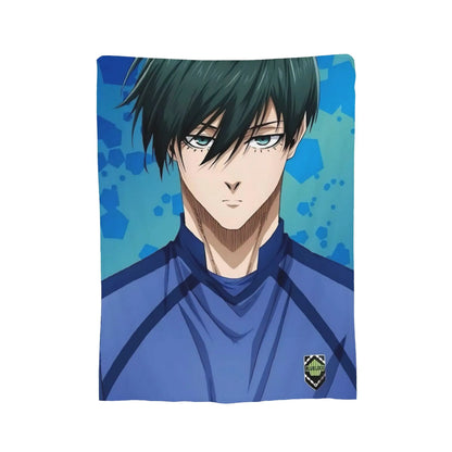 A rectangular wall tapestry featuring an anime character with dark green hair and blue eyes, wearing a blue athletic jersey against a blue patterned background. The tapestry is shown flat against a solid white background.