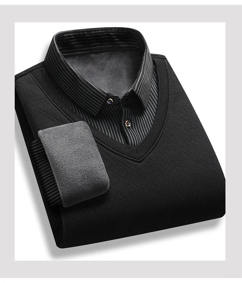 Retro Winter Pullovers Men Polo Neck Sweaters Fashion Striped Fleece Lined Polo Shirt Jumper Thick Knitting Sweaters