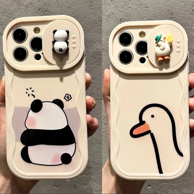 3D Ears Panda Funny Duck Cartoon Sliding Camera Case for iPhone 16 Pro Max 14 Plus 15 X XS XR 7 11 12 13 SE2 3 Wave Phone Capa