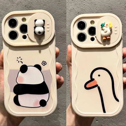 3D Ears Panda Funny Duck Cartoon Sliding Camera Case for iPhone 16 Pro Max 14 Plus 15 X XS XR 7 11 12 13 SE2 3 Wave Phone Capa