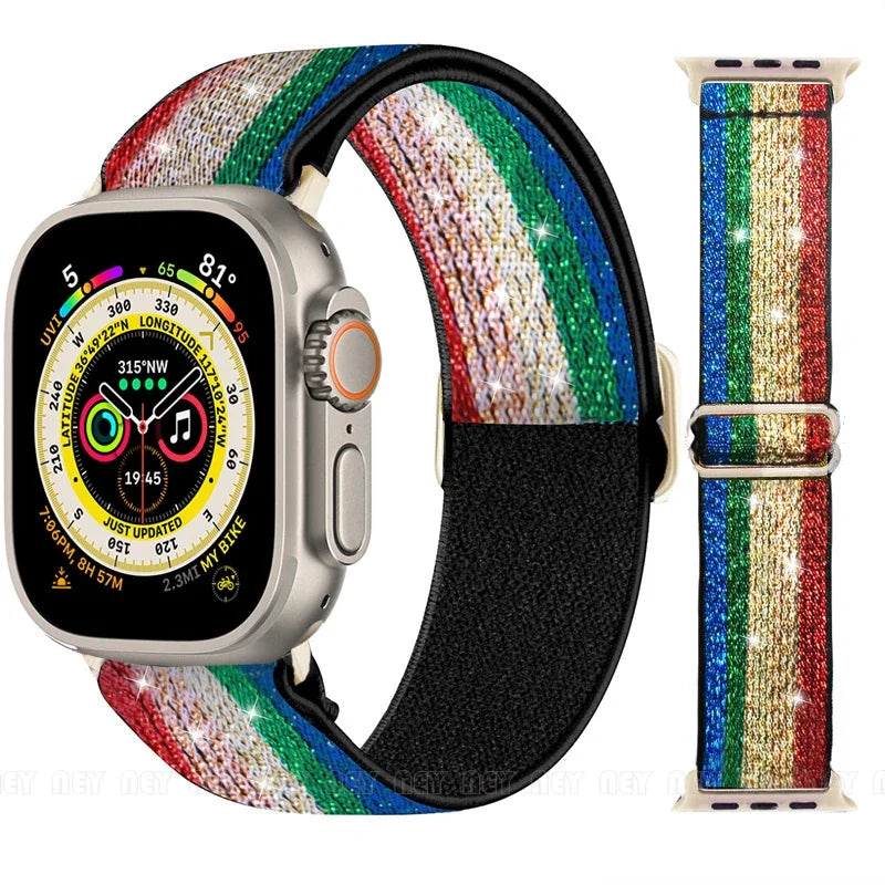 Nylon Band for Apple Watch Straps 44mm 45mm Ultra 2 49mm Series 10 8 7 38/42mm/46mm Elastic Bracelet iWatch 9 6 5 4 3 Se 40/41mm