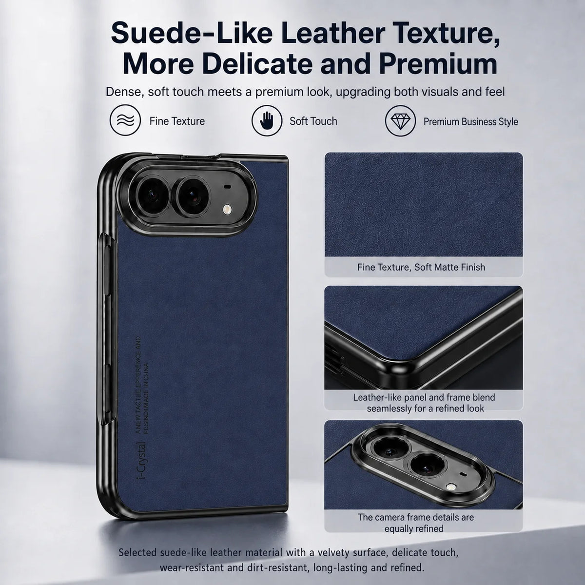 A dark navy blue phone case with a textured leather-like finish, shown on a smartphone with black edges. The image includes marketing text and three detail inset images highlighting the fine texture, soft matte finish, and seamless leather-like panel.