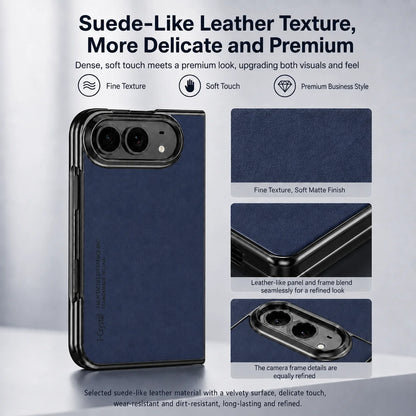 A dark navy blue phone case with a textured leather-like finish, shown on a smartphone with black edges. The image includes marketing text and three detail inset images highlighting the fine texture, soft matte finish, and seamless leather-like panel.