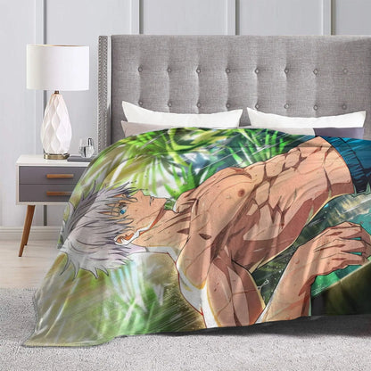 A bedding set featuring a duvet cover and pillowcases printed with an anime-style illustration of a shirtless character with white hair against a green tropical background, styled on a bed in a modern bedroom setting.