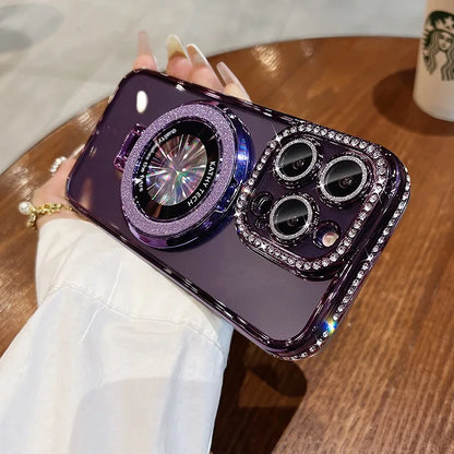 Luxury Glitter Rhinestone for Magsafe Bracket Case for iPhone 15 14 11 12 13 Pro Max Plus Bling Diamond Gradient Stand TPU Cover