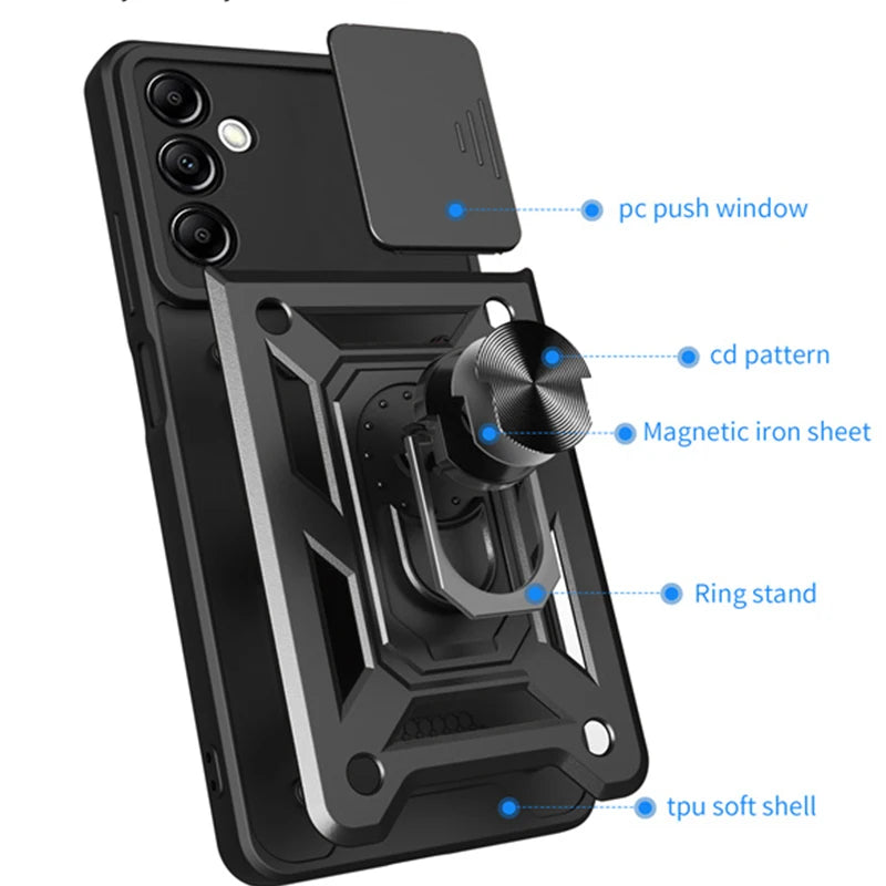 Camera Shockproof Armor Case For Samsung Galaxy S24 S23 S22 S21 S20 Ultra Plus FE A14 A15 Car Magnetic Holder Ring Stand Cover