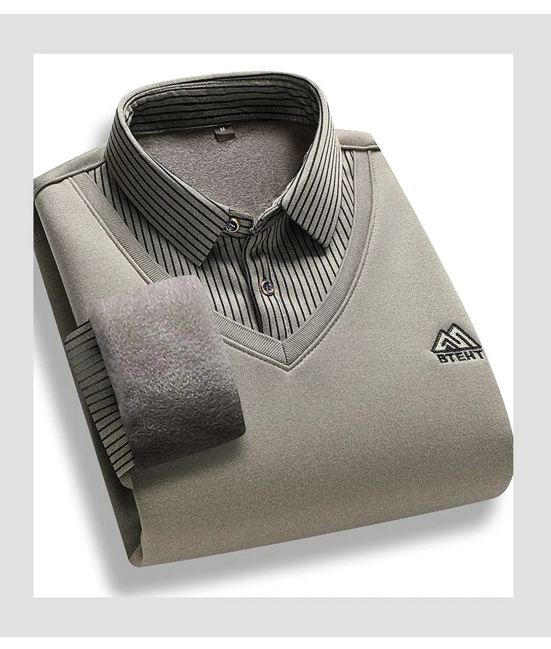 Retro Winter Pullovers Men Polo Neck Sweaters Fashion Striped Fleece Lined Polo Shirt Jumper Thick Knitting Sweaters