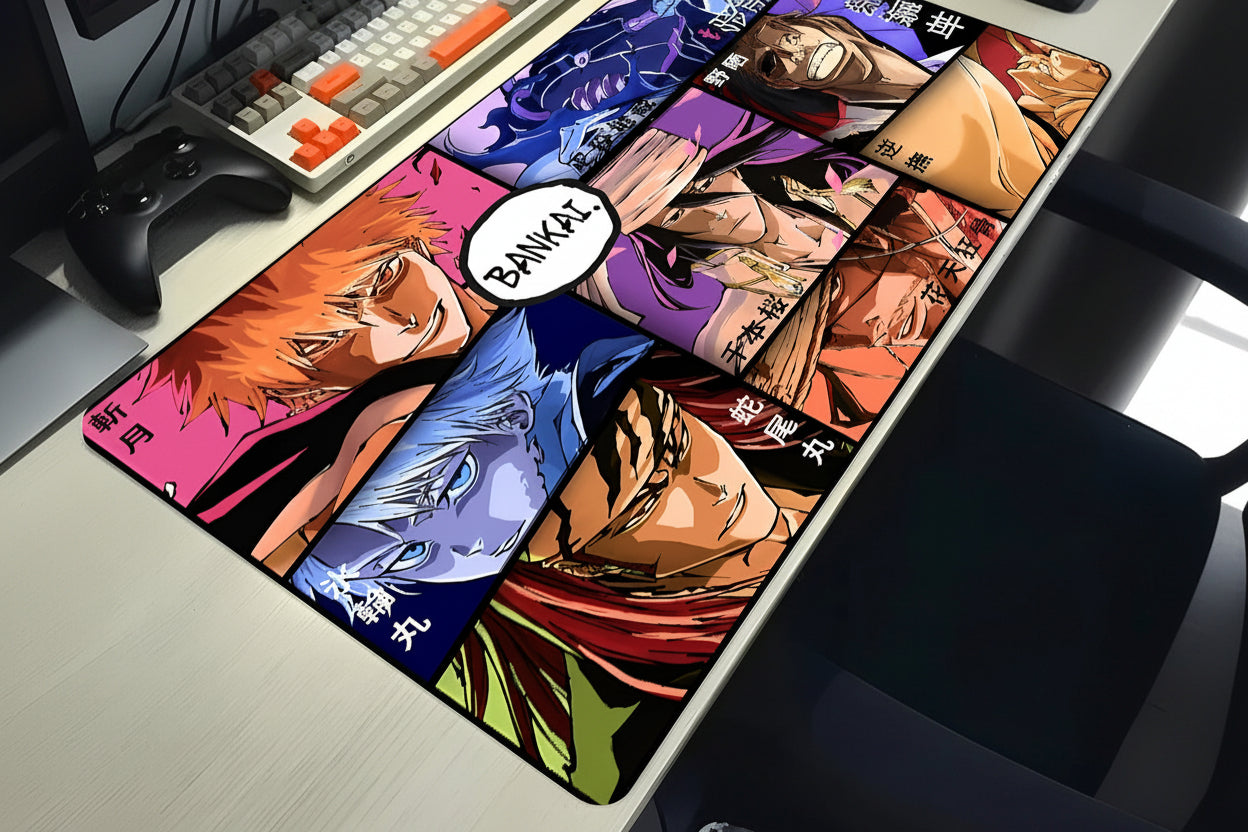 Colorful anime-style mouse pad with character designs on a desk.