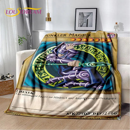A plush throw blanket featuring a stylized German 'Junker Magier' hexater card design, draped over a white armchair in a modern living room setting.