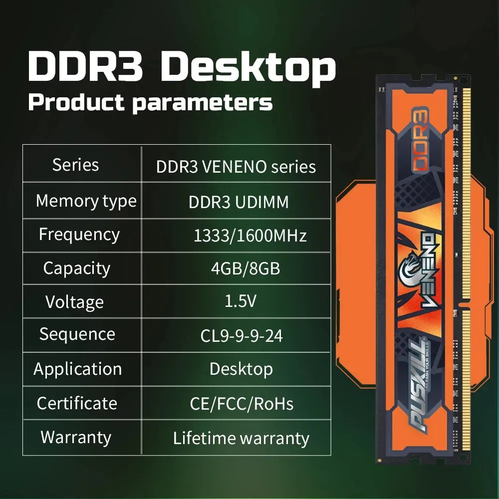 PUSKILL Veneno DDR3 Memoria RAM 8GB 4GB 1,5 V 1600MHz 1333MHz 240-PIN Memoria de escritorio Udimm Memoria DIMM