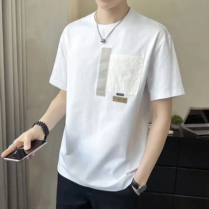 2025 Summer New Men's Short Sleeve T-Shirt Hong Kong Style Loose Fit Versatile Ice Silk Thin Clothing Youth Trendy
