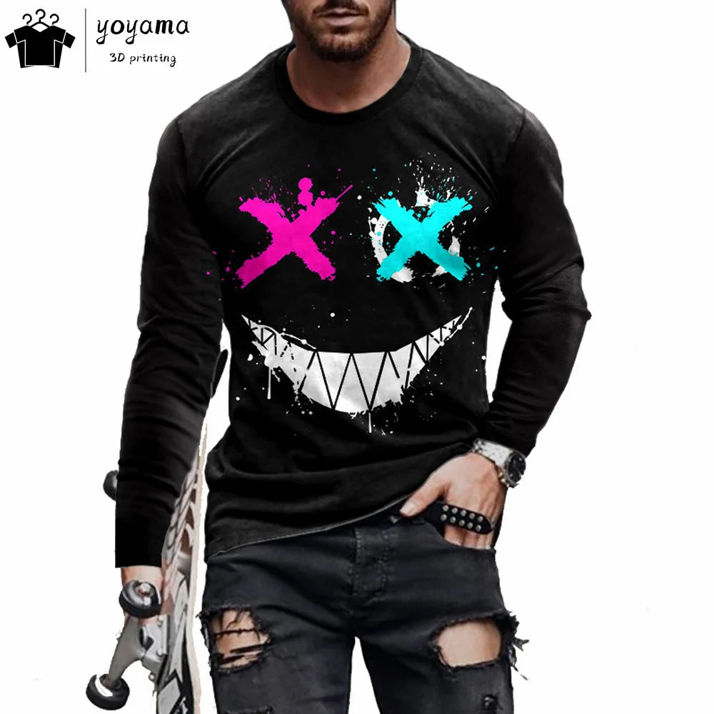 Men’s Casual Long Sleeve O-Neck T-shirt with Funny Pattern Print - Harajuku Street Fashion Top