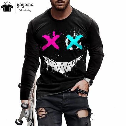 Men’s Casual Long Sleeve O-Neck T-shirt with Funny Pattern Print - Harajuku Street Fashion Top
