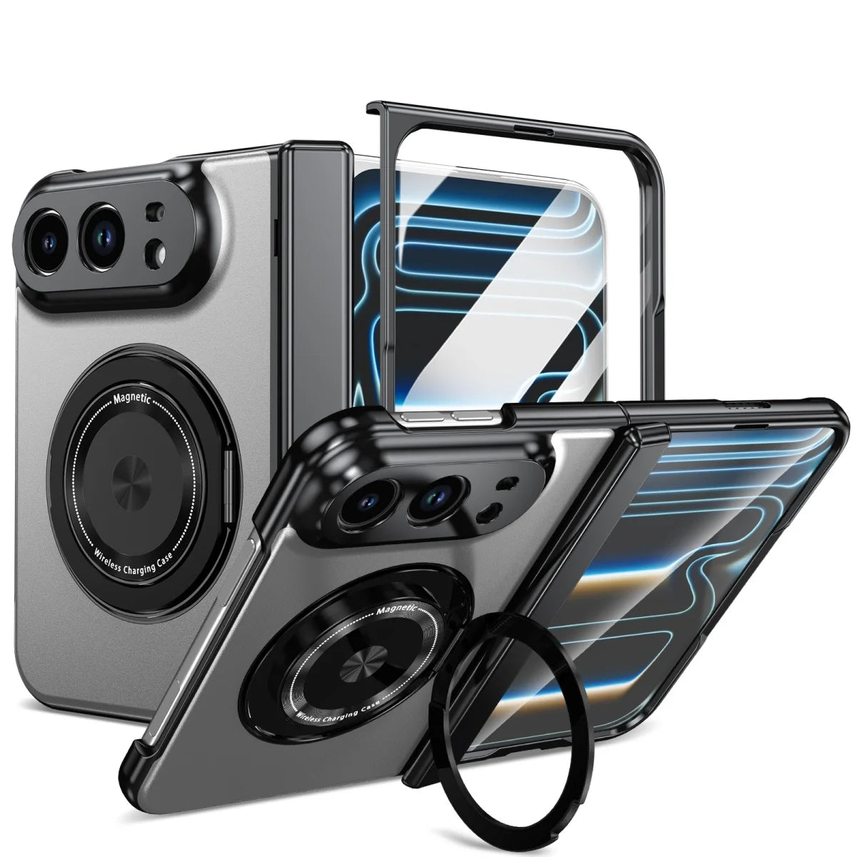 A set of black magnetic phone cases with built-in kickstands and ring stands, shown from multiple angles on a white background.