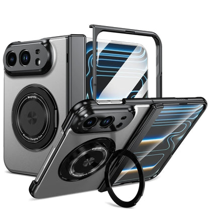 A set of black magnetic phone cases with built-in kickstands and ring stands, shown from multiple angles on a white background.