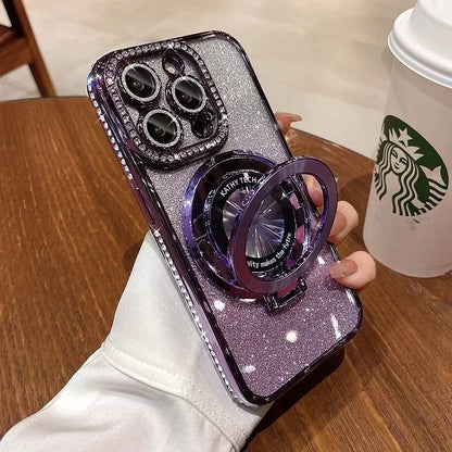 Luxury Glitter Rhinestone for Magsafe Bracket Case for iPhone 15 14 11 12 13 Pro Max Plus Bling Diamond Gradient Stand TPU Cover