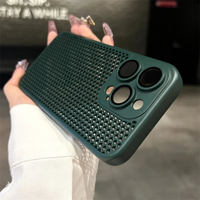 Original Heat Dissipation Breathable Mesh Hole Case For iPhone 16 15 14 11 12 13 Pro Max Plus Lens Protection Shockproof Cover