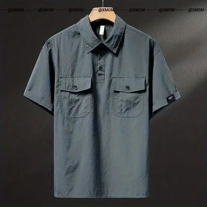 Summer Ice Silk American High-end Workwear Short-sleeved Shirt Men’s Gray British Trendy Retro Loose T-shirt Polo Shirt