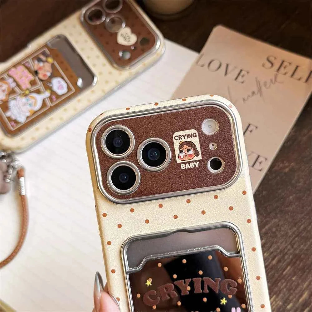 Kawaii Cartoon Cry Girls Card Holder Phone Case For iPhone 16 Pro 14 15 17 Pro Max Cover with Hand Rope Cute Protective Cases