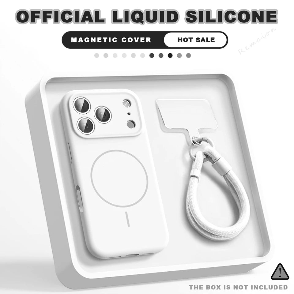 White magnetic phone case with a matching white wrist strap, presented in a white tray on a light gray background. Text at the top reads 'OFFICIAL LIQUID SILICONE' and 'MAGNETIC COVER HOT SALE'.